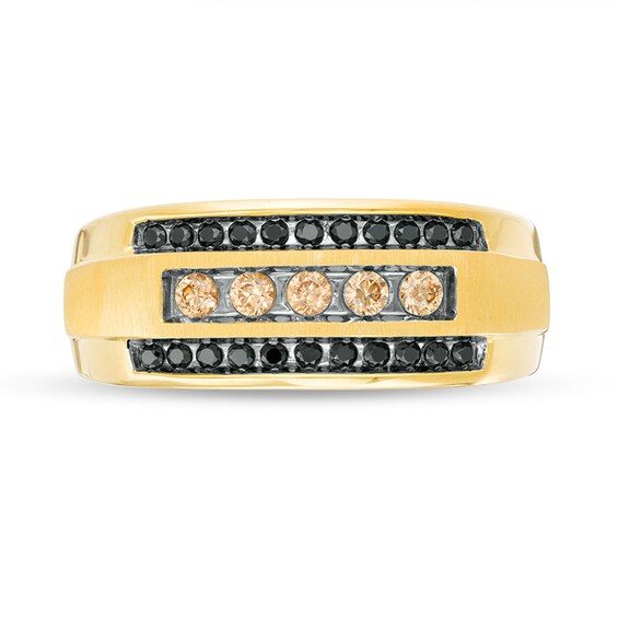 Previously Owned - 1/2 CT. T.w. Black Enhanced and Champagne Diamond Triple Row Ring in 10K Gold