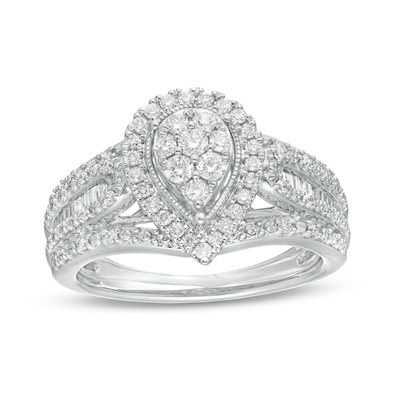 Previously Owned - 1/2 CT. T.w. Composite Pear Diamond Frame Multi-Row Engagement Ring in 10K White Gold