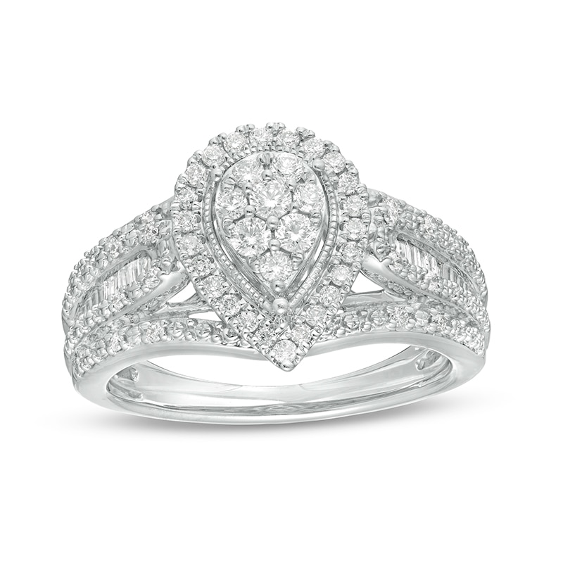 Main Image 1 of Previously Owned - 1/2 CT. T.W. Composite Pear Diamond Frame Multi-Row Engagement Ring in 10K White Gold