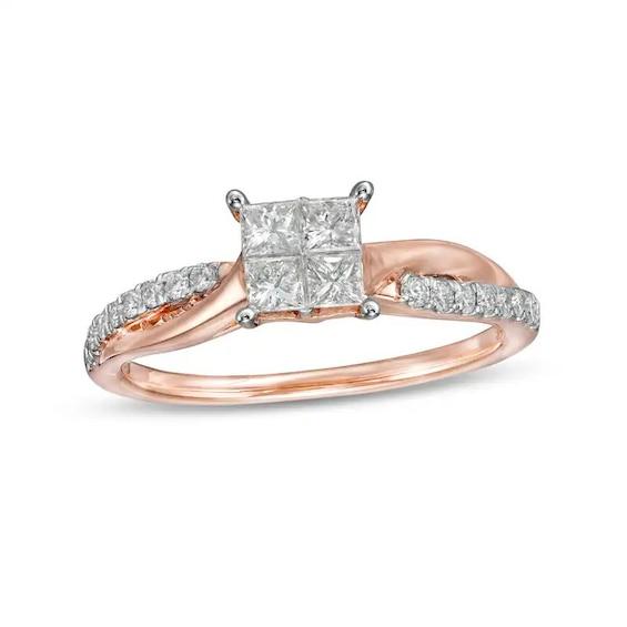 Previously Owned - 1/2 CT. T.w. Princess-Cut Quad Diamond Engagement Ring in 14K Rose Gold (I/I2)