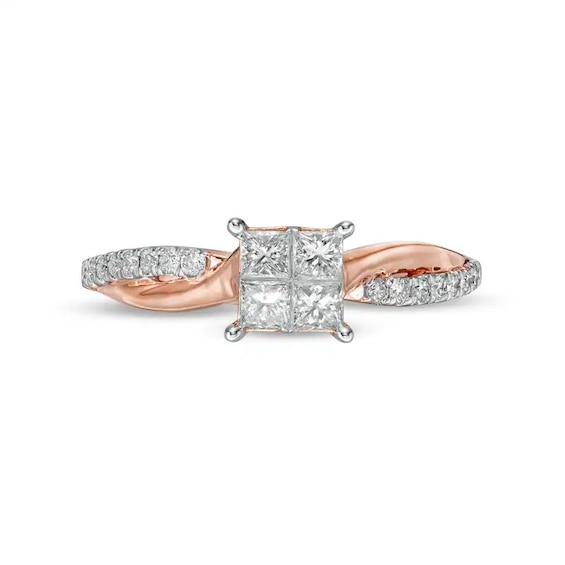Previously Owned - 1/2 CT. T.w. Princess-Cut Quad Diamond Engagement Ring in 14K Rose Gold (I/I2)