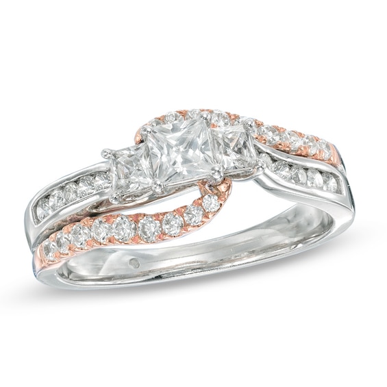 Previously Owned - Celebration Ideal 1 CT. T.w. Princess-Cut Diamond Three Stone Ring in 14K Two-Tone Gold (I/I1)