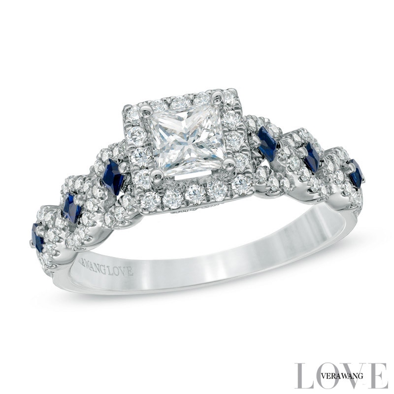 Main Image 1 of Previously Owned - Vera Wang Love Collection 1 CT. T.W. Diamond and Blue Sapphire Engagement Ring in 14K White Gold