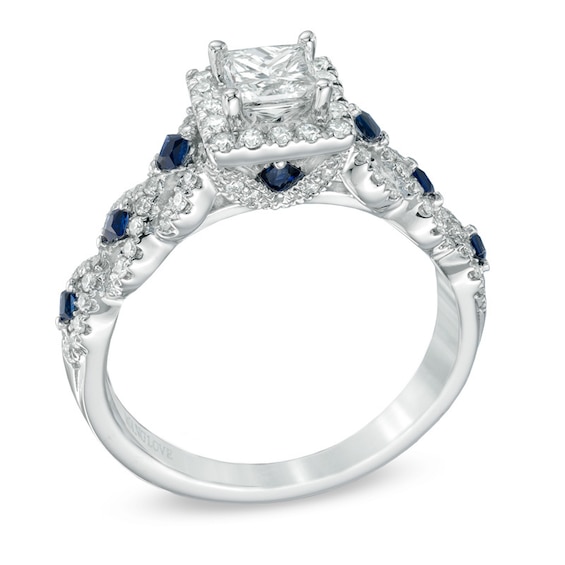 Previously Owned - Vera Wang Love Collection 1 CT. T.w. Diamond and Blue Sapphire Engagement Ring in 14K White Gold