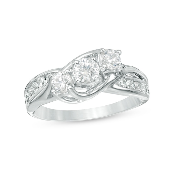 Previously Owned - 1 CT. T.w. Diamond Three Stone Slant Engagement Ring in 14K White Gold