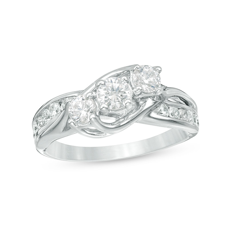 Main Image 1 of Previously Owned - 1 CT. T.W. Diamond Three Stone Slant Engagement Ring in 14K White Gold