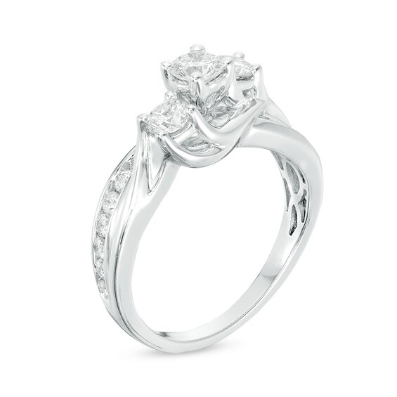 Previously Owned - 1 CT. T.w. Diamond Three Stone Slant Engagement Ring in 14K White Gold