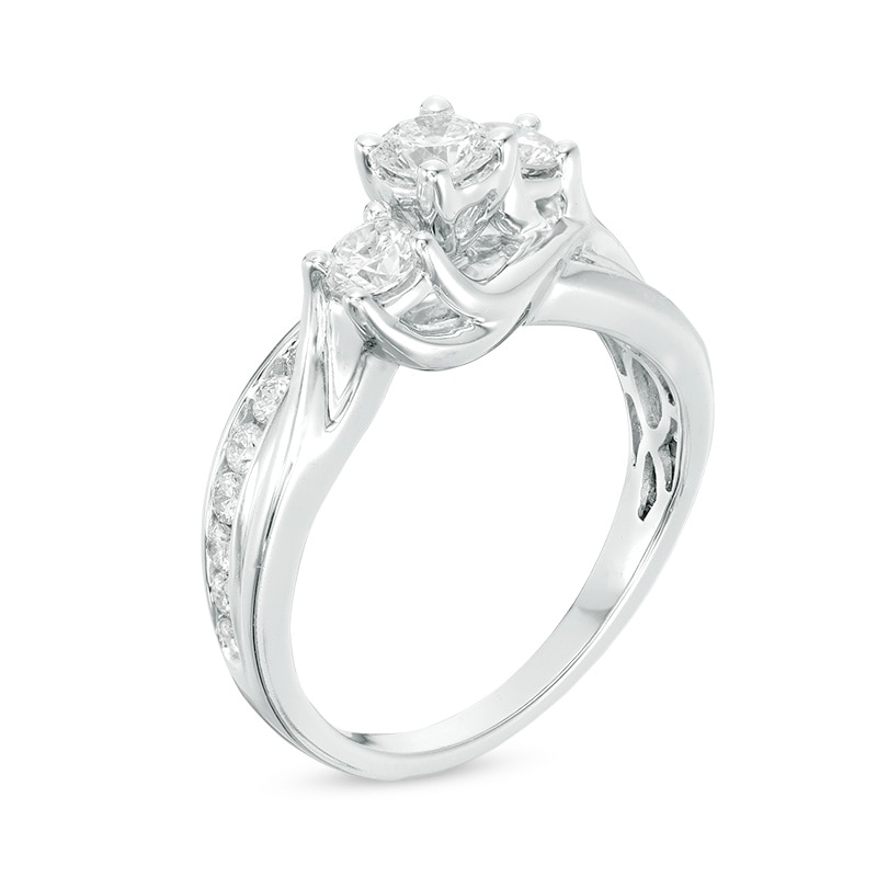 Main Image 2 of Previously Owned - 1 CT. T.W. Diamond Three Stone Slant Engagement Ring in 14K White Gold