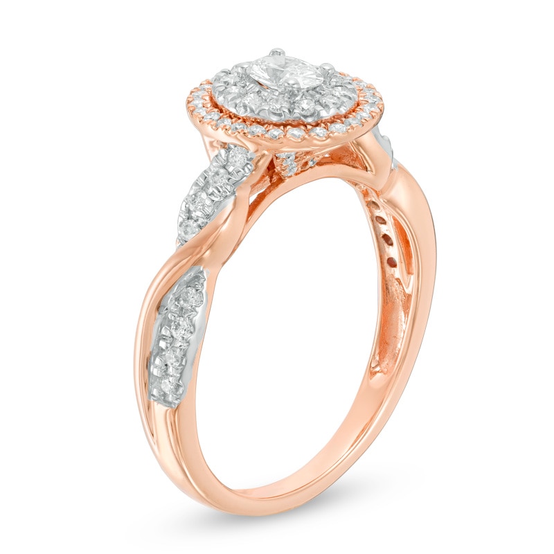 Main Image 2 of Previously Owned - 1/2 CT. T.W. Oval Diamond Double Frame Twist Engagement Ring in 14K Two-Tone Gold