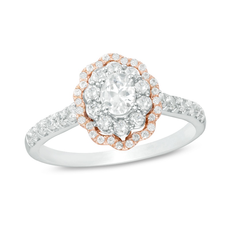 Main Image 1 of Previously Owned - 3/4 CT. T.W. Oval Diamond Double Scallop Frame Engagement Ring in 14K Two-Tone Gold (I/SI1)