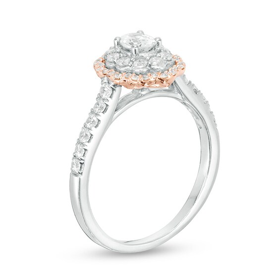 Previously Owned - 3/4 CT. T.w. Oval Diamond Double Scallop Frame Engagement Ring in 14K Two-Tone Gold (I/Si1)