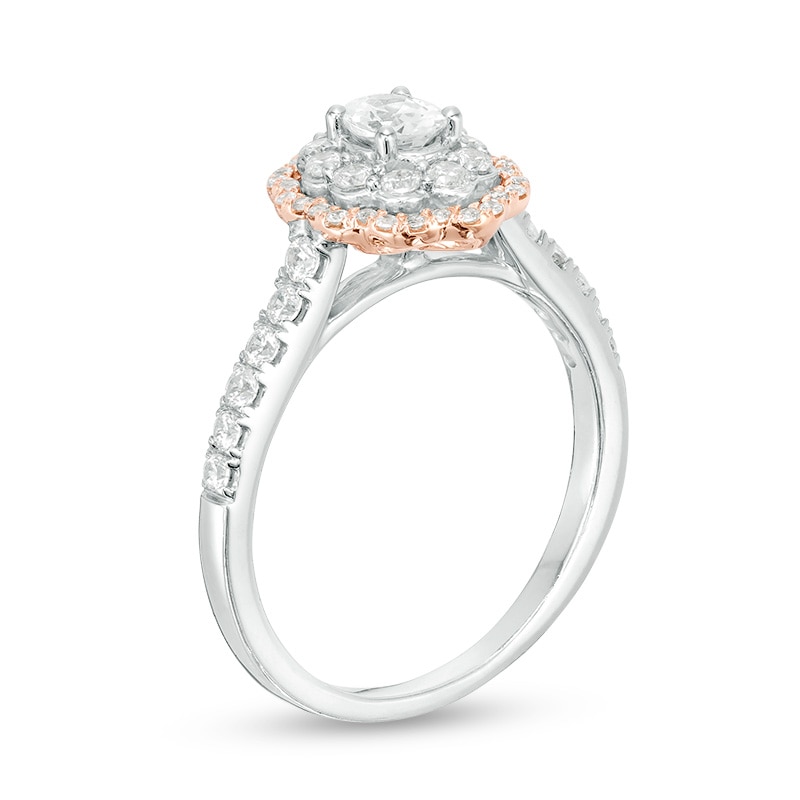 Main Image 2 of Previously Owned - 3/4 CT. T.W. Oval Diamond Double Scallop Frame Engagement Ring in 14K Two-Tone Gold (I/SI1)