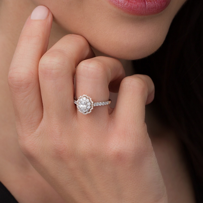 Main Image 3 of Previously Owned - 3/4 CT. T.W. Oval Diamond Double Scallop Frame Engagement Ring in 14K Two-Tone Gold (I/SI1)