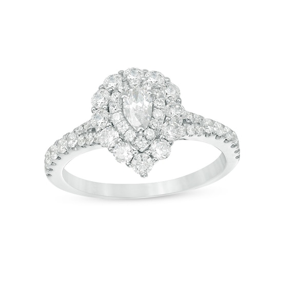 Previously Owned - 1 CT. T.w. Pear-Shaped Diamond Double Frame Split Shank Engagement Ring in 14K White Gold