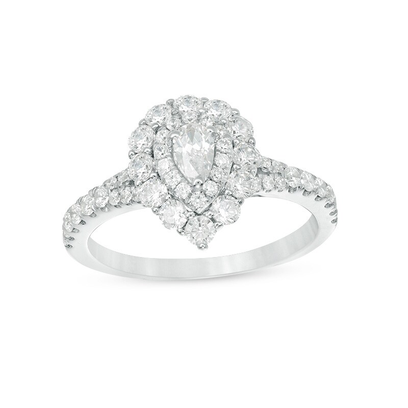 Main Image 1 of Previously Owned - 1 CT. T.W. Pear-Shaped Diamond Double Frame Split Shank Engagement Ring in 14K White Gold