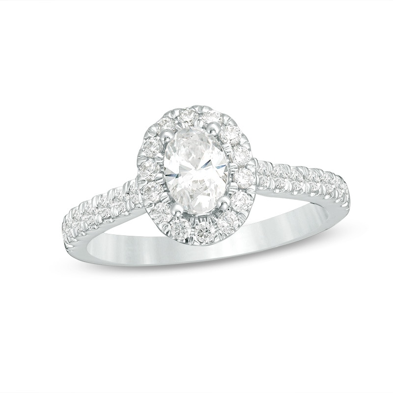 Main Image 1 of Previously Owned - Love's Destiny by Peoples 1 CT. T.W. Oval Diamond Frame Engagement Ring in 14K White Gold (I/SI2)