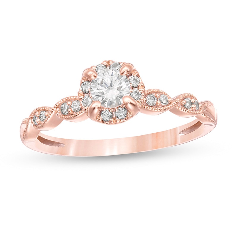 Main Image 1 of Previously Owned - 1/2 CT. T.W. Diamond Frame Scallop-Edge Vintage-Style Engagement Ring in 14K Rose Gold