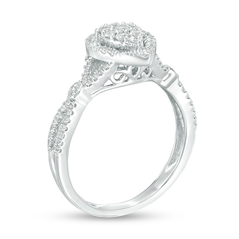 Main Image 3 of Previously Owned - 1/2 CT. T.W. Composite Diamond Pear-Shaped Frame Split Shank Ring in 10K White Gold