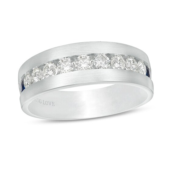 Previously Owned - Vera Wang Men's 1 CT. T.w. Diamond and Sapphire Wedding Band in 14K White Gold