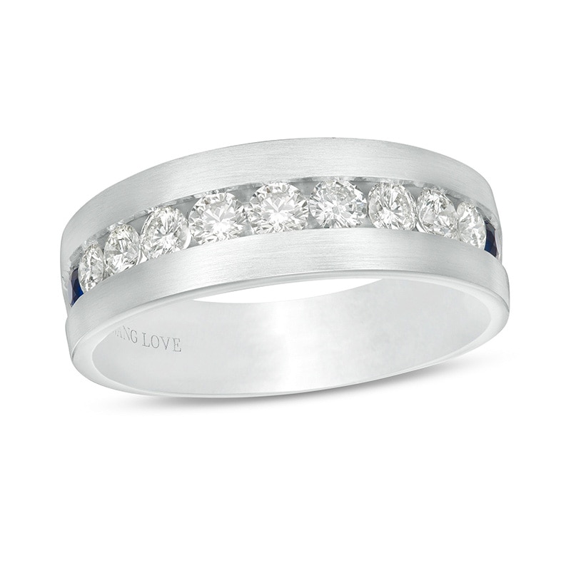 Main Image 1 of Previously Owned - Vera Wang Men's 1 CT. T.W. Diamond and Sapphire Wedding Band in 14K White Gold