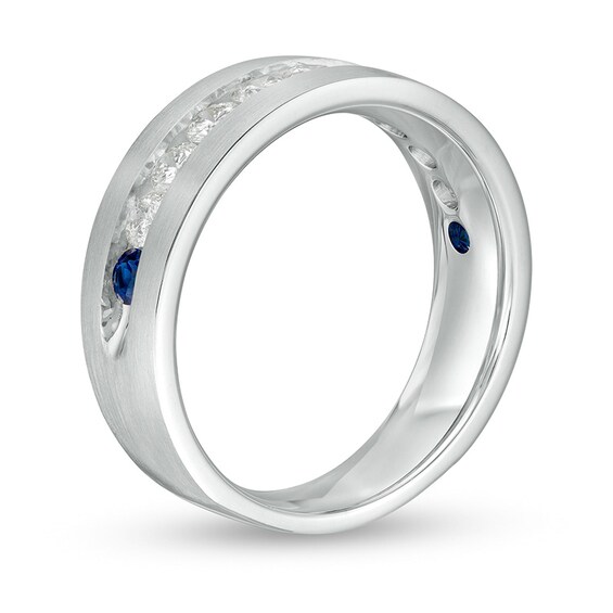 Previously Owned - Vera Wang Men's 1 CT. T.w. Diamond and Sapphire Wedding Band in 14K White Gold