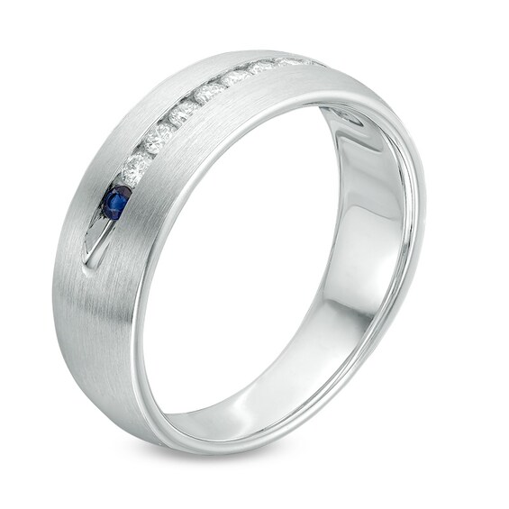 Previously Owned - Vera Wang Men's 1/4 CT. T.w. Diamond and Sapphire Wedding Band in 14K White Gold