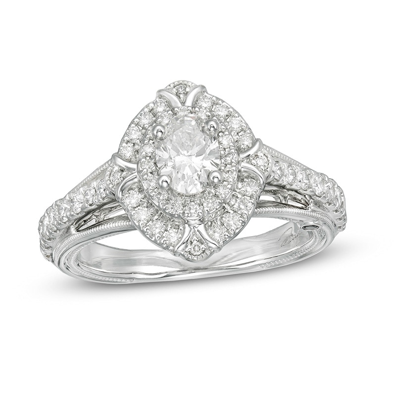 Main Image 1 of Previously Owned - Marilyn Monroe™ Collection 1 CT. T.W. Oval Diamond Double Frame Ornate Engagement Ring in 14K White Gold