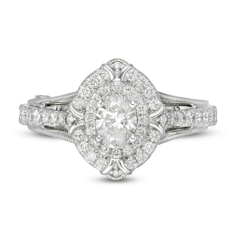 Main Image 4 of Previously Owned - Marilyn Monroe™ Collection 1 CT. T.W. Oval Diamond Double Frame Ornate Engagement Ring in 14K White Gold