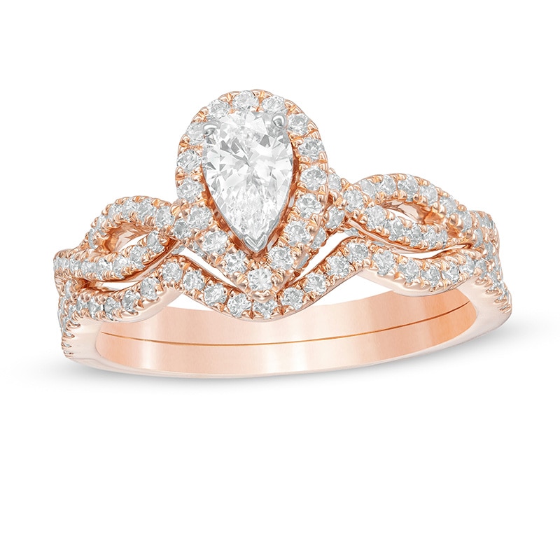 Previously Owned - 1 CT. T.W. Pear-Shaped Diamond Frame Twist Split Shank Bridal Set in 14K Rose Gold