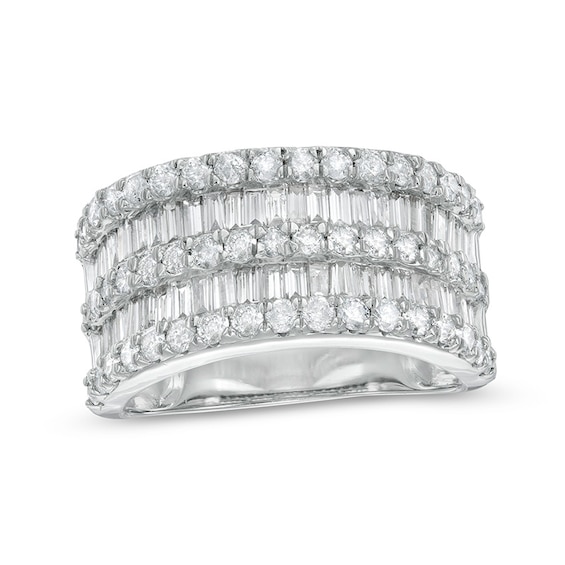 Previously Owned - 2 CT. T.w. Baguette and Round Diamond Multi-Row Ring in 10K White Gold