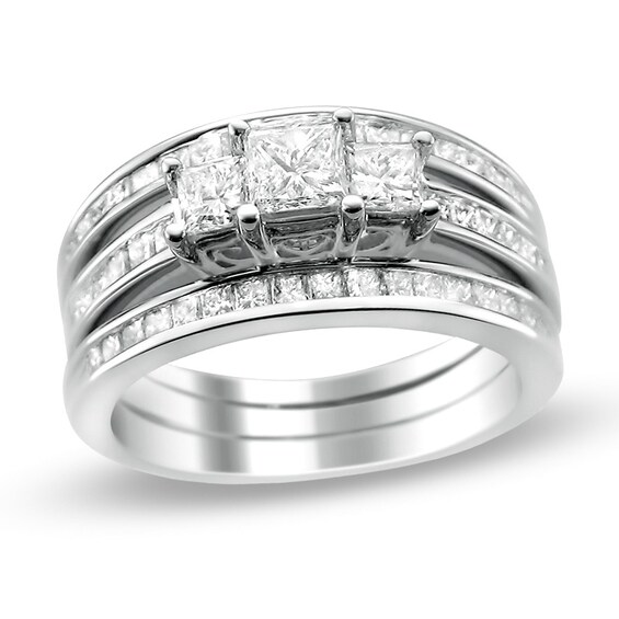 Previously Owned - 1-3/4 CT. T.w. Princess-Cut Diamond Three Piece Bridal Set in 14K White Gold