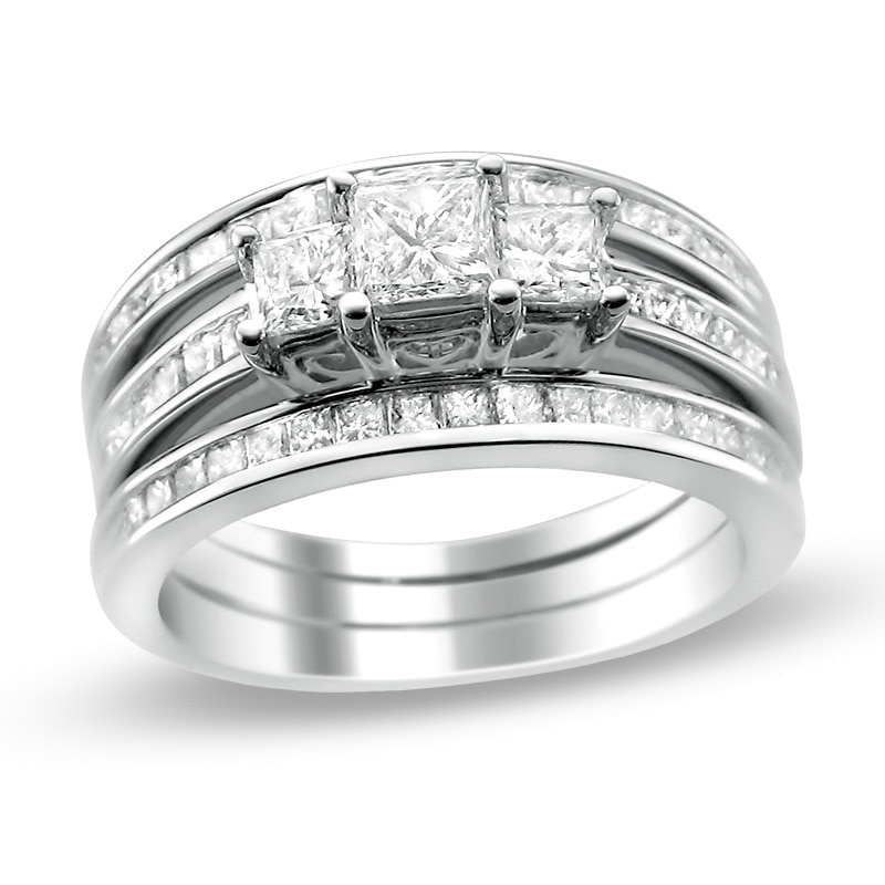 Main Image 1 of Previously Owned - 1-3/4 CT. T.W. Princess-Cut Diamond Three Piece Bridal Set in 14K White Gold