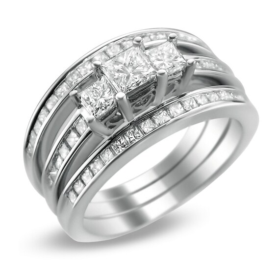 Previously Owned - 1-3/4 CT. T.w. Princess-Cut Diamond Three Piece Bridal Set in 14K White Gold