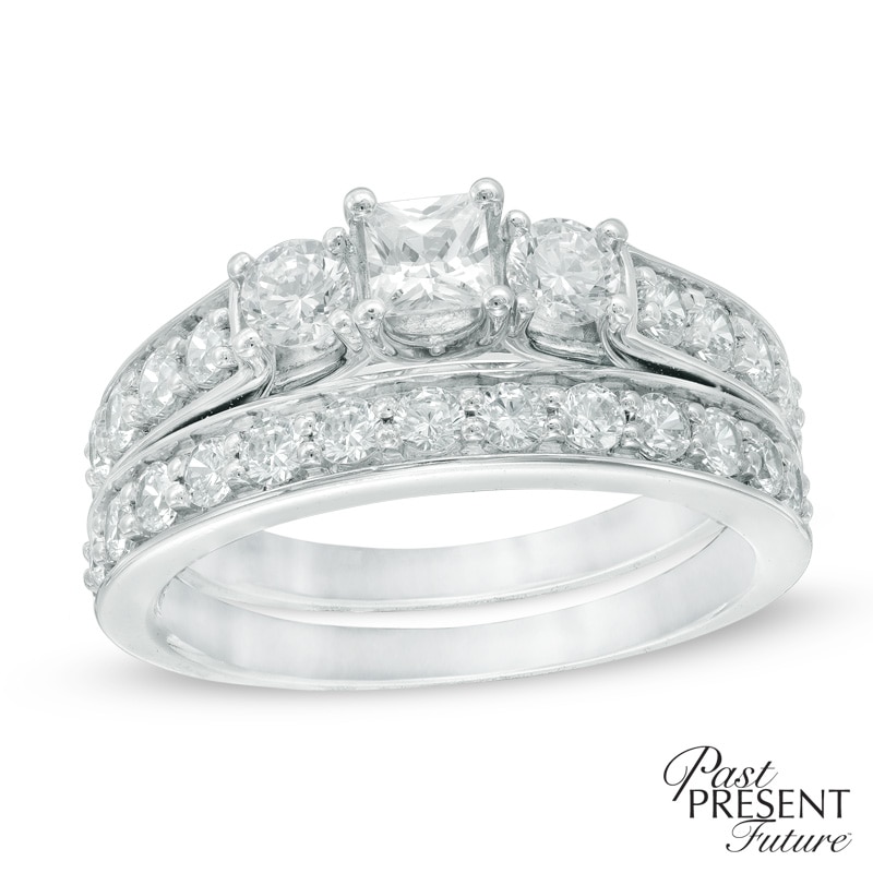 Main Image 1 of Previously Owned - 1-1/2 CT. T.W. Princess-Cut Diamond Past Present Future® Bridal Set in 14K White Gold