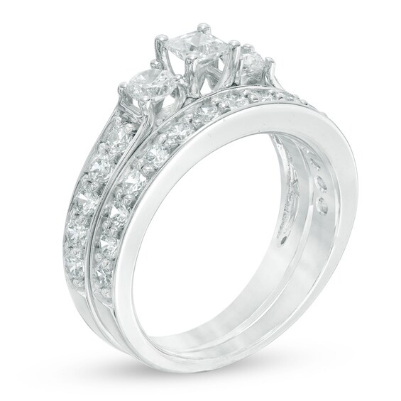 Previously Owned - 1-1/2 CT. T.w. Princess-Cut Diamond Past Present FutureÂ® Bridal Set in 14K White Gold