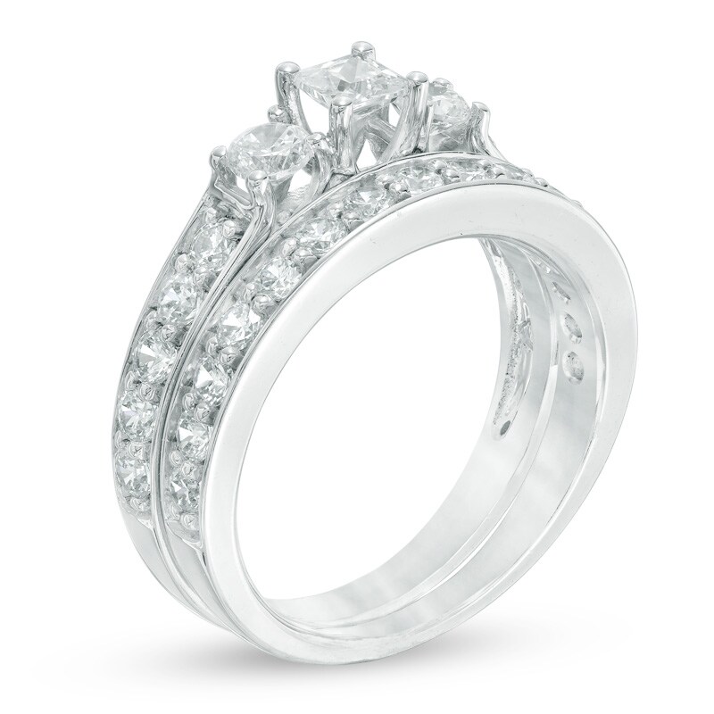Main Image 2 of Previously Owned - 1-1/2 CT. T.W. Princess-Cut Diamond Past Present Future® Bridal Set in 14K White Gold