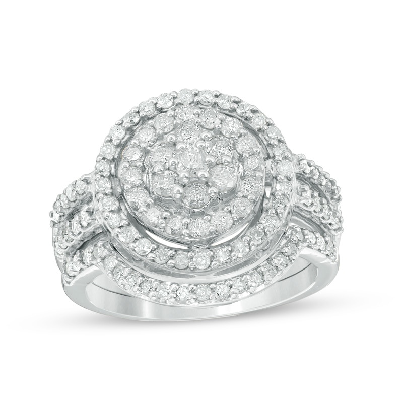 Main Image 1 of Previously Owned - 1-1/8 CT. T.W. Composite Diamond Double Frame Bridal Set in 10K White Gold