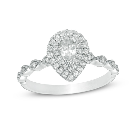 Previously Owned - 1/2 CT. T.w. Pear-Shaped Diamond Double Frame Vintage-Style Engagement Ring in 14K White Gold