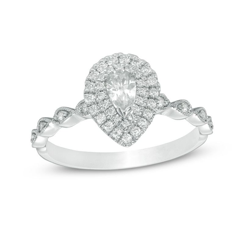 Main Image 1 of Previously Owned - 1/2 CT. T.W. Pear-Shaped Diamond Double Frame Vintage-Style Engagement Ring in 14K White Gold