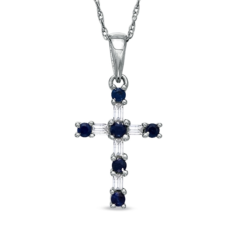 Main Image 1 of Previously Owned - Blue Sapphire and 1/10 CT. T.W. Baguette Diamond Cross Pendant in 10K White Gold