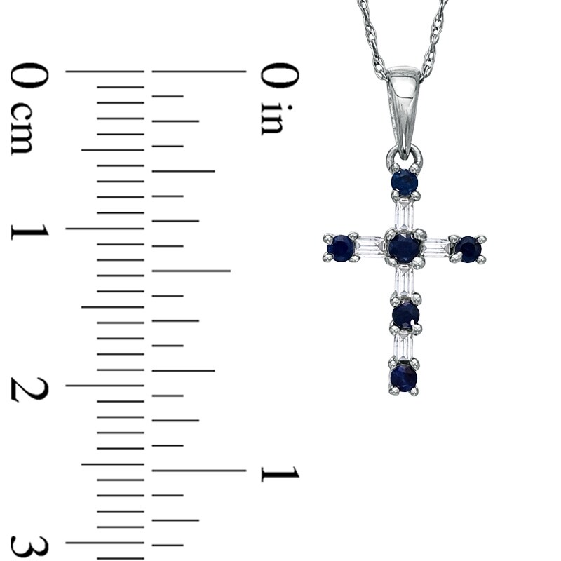 Main Image 2 of Previously Owned - Blue Sapphire and 1/10 CT. T.W. Baguette Diamond Cross Pendant in 10K White Gold