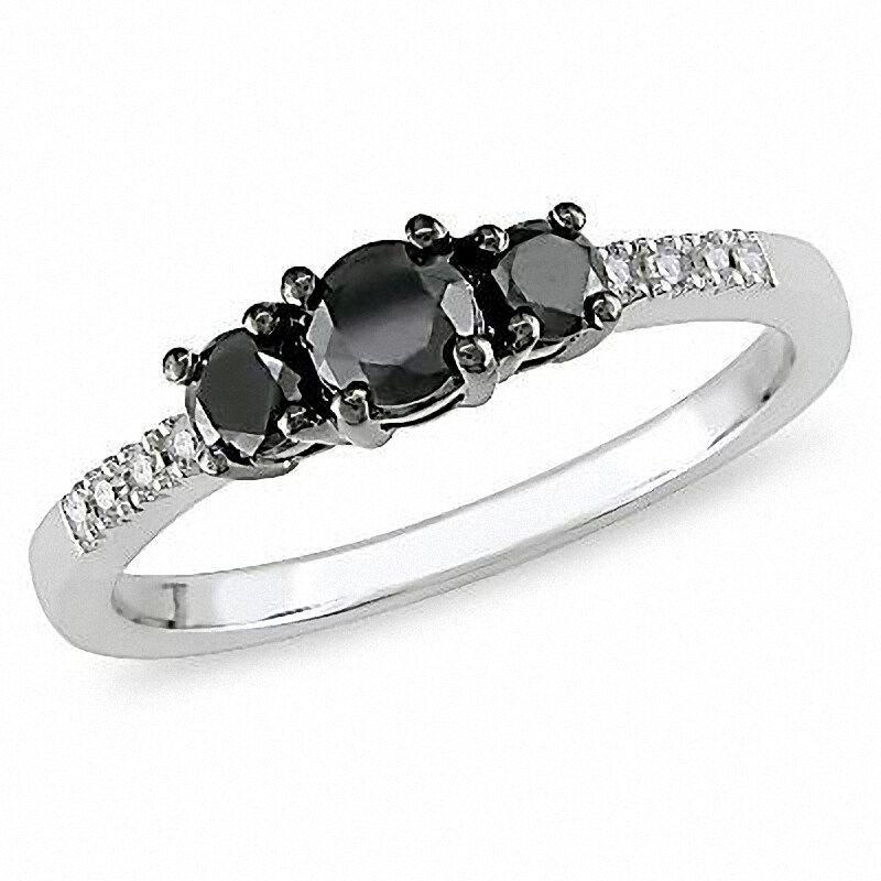 Main Image 1 of Previously Owned - 1/2 CT. T.W. Black Diamond Three Stone Ring in 10K White Gold with Diamond Accents