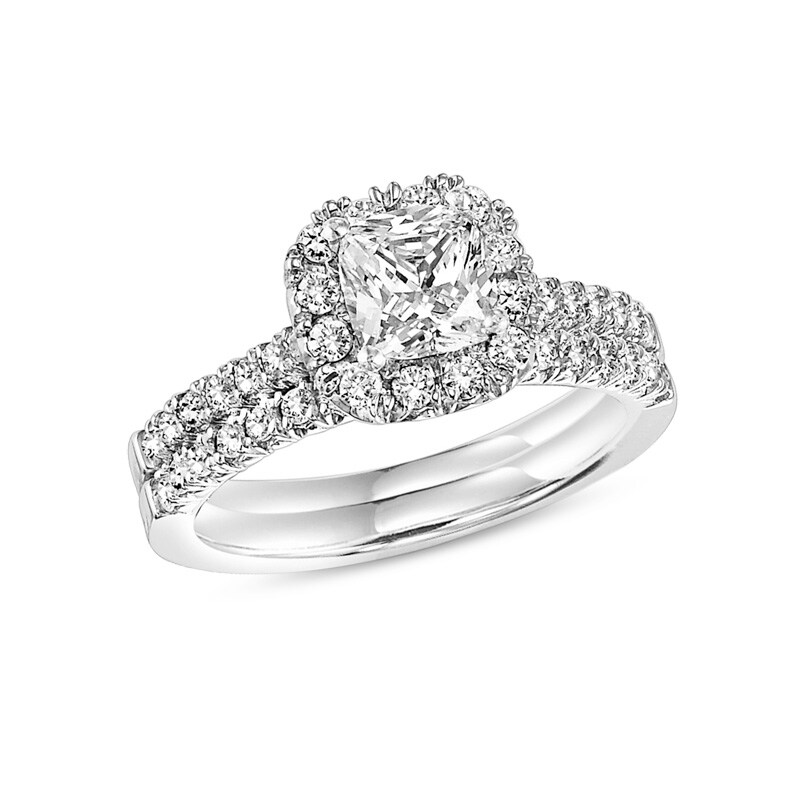 Main Image 1 of Previously Owned - 3/4 CT. T.W. Cushion-Cut Diamond Frame Bridal Set in 14K White Gold