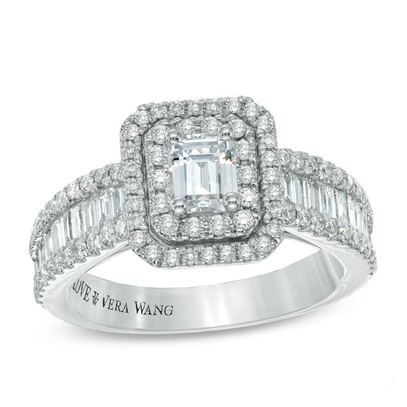 Main Image 1 of Previously Owned - Vera Wang Love Collection 1-1/2 CT. T.W. Emerald-Cut Diamond Frame Engagement Ring in 14K White Gold