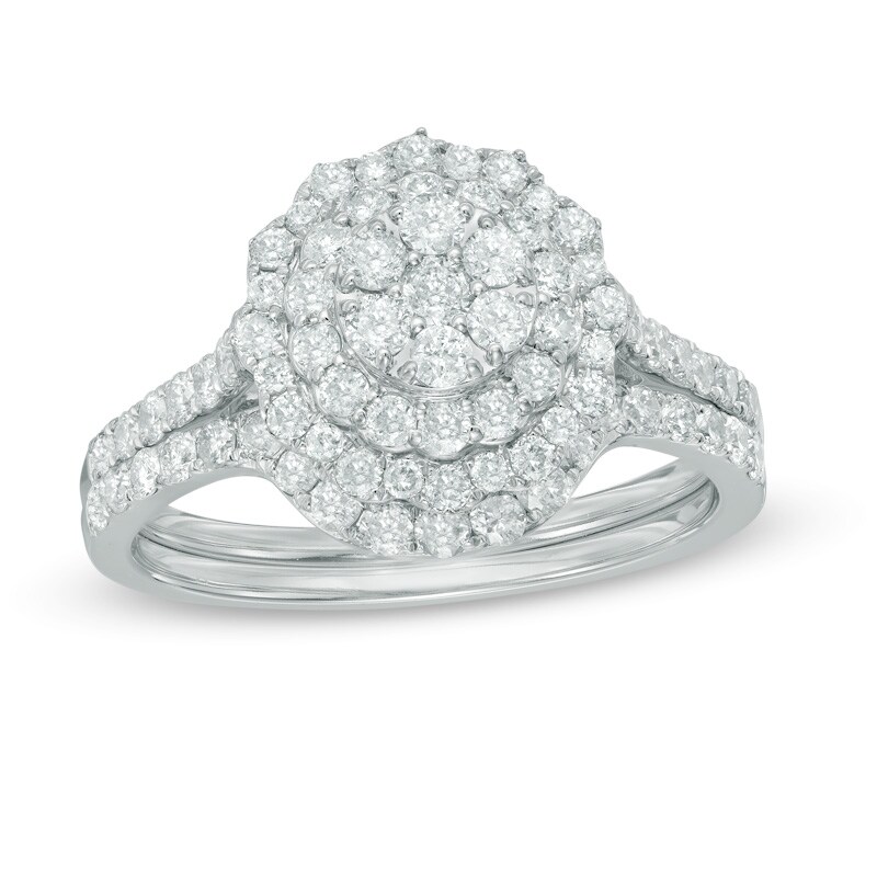 Main Image 1 of Previously Owned - 1 CT. T.W. Composite Diamond Double Frame Bridal Set in 10K White Gold