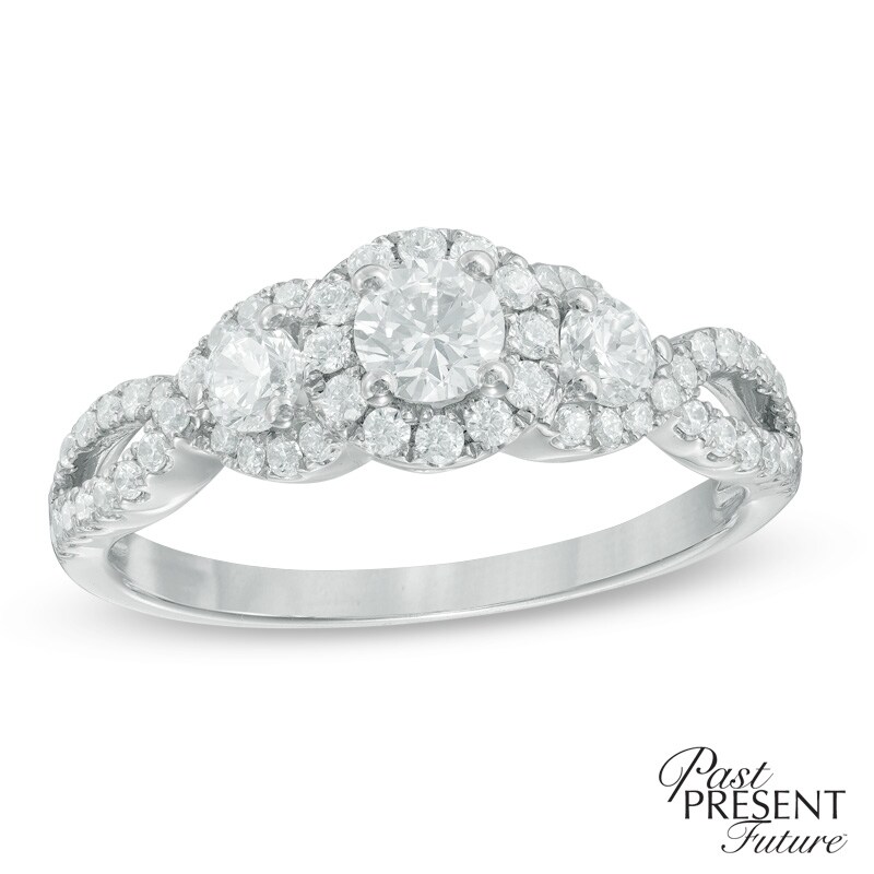 Main Image 1 of Previously Owned - 3/4 CT. T.W. Diamond Past Present Frame Future® Twist Split Shank Engagement Ring in 14K White Gold