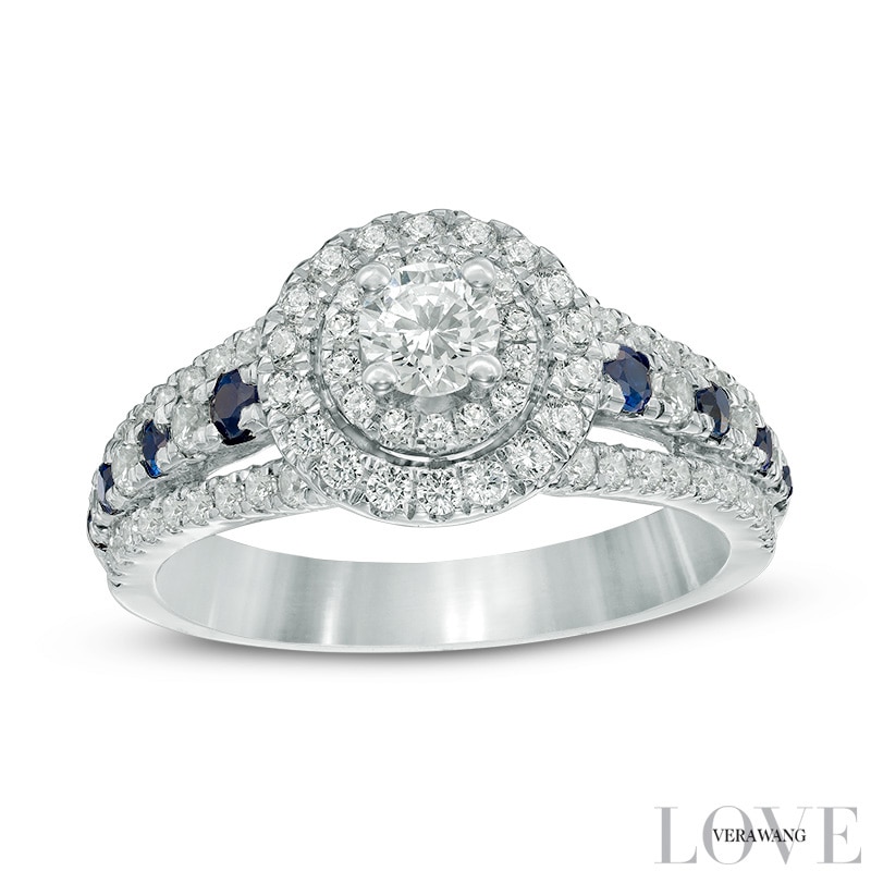 Main Image 1 of Previously Owned - Vera Wang Love Collection 7/8 CT. T.W. Diamond and Blue Sapphire Engagement Ring in 14K White Gold