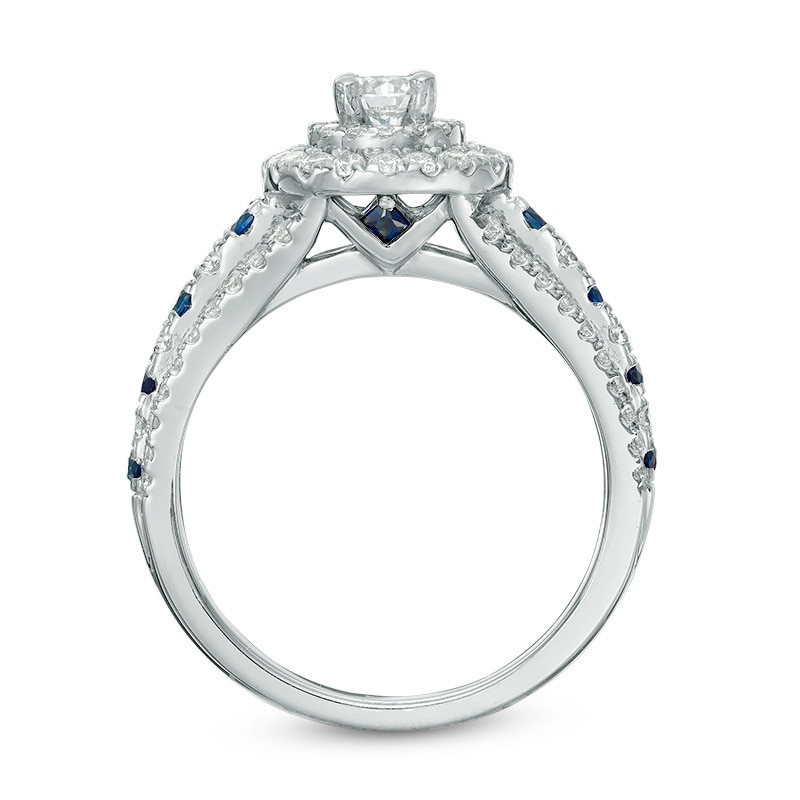 Main Image 3 of Previously Owned - Vera Wang Love Collection 7/8 CT. T.W. Diamond and Blue Sapphire Engagement Ring in 14K White Gold