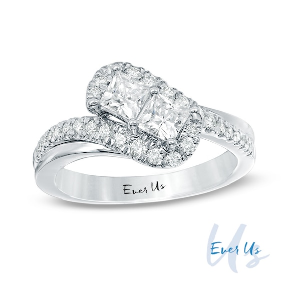 Previously Owned - Ever UsÂ® 1 CT. T.w. Princess-Cut Two-Stone Diamond Tilted Bypass Frame Ring in 14K White Gold