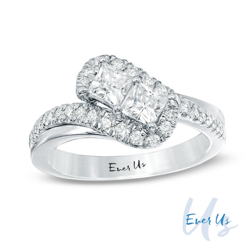 Main Image 1 of Previously Owned - Ever Us® 1 CT. T.W. Princess-Cut Two-Stone Diamond Tilted Bypass Frame Ring in 14K White Gold